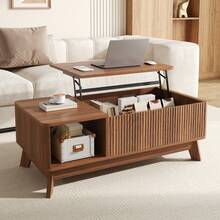 Couchtisch Mit Hubfunktion, Wellenoptik, Offenes Seitenfach, MDF Material, Modern Style - Walnut Wood Color - View 4