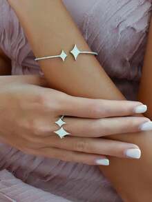 Set de 2 piezas de pulsera y anillo con forma de rombo con rhinestones, estilo bohemio, juego de joyería para mujer para fiestas y celebraciones - Plateado - Ver 2