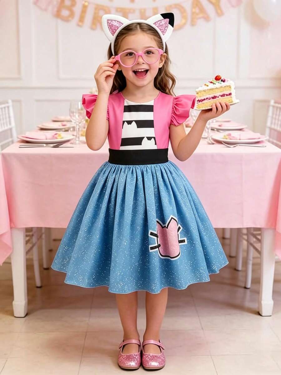 Cartoon Dress Set With Cute Cat Ear Headband And Glasses, Suitable For Girls' Birthday Party/Gathering/Halloween/Carnival Costume - Rose Red - View 1