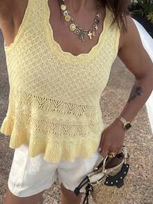 Plus Size Casual Solid Color Knit Vest Summer - Yellow - View 2