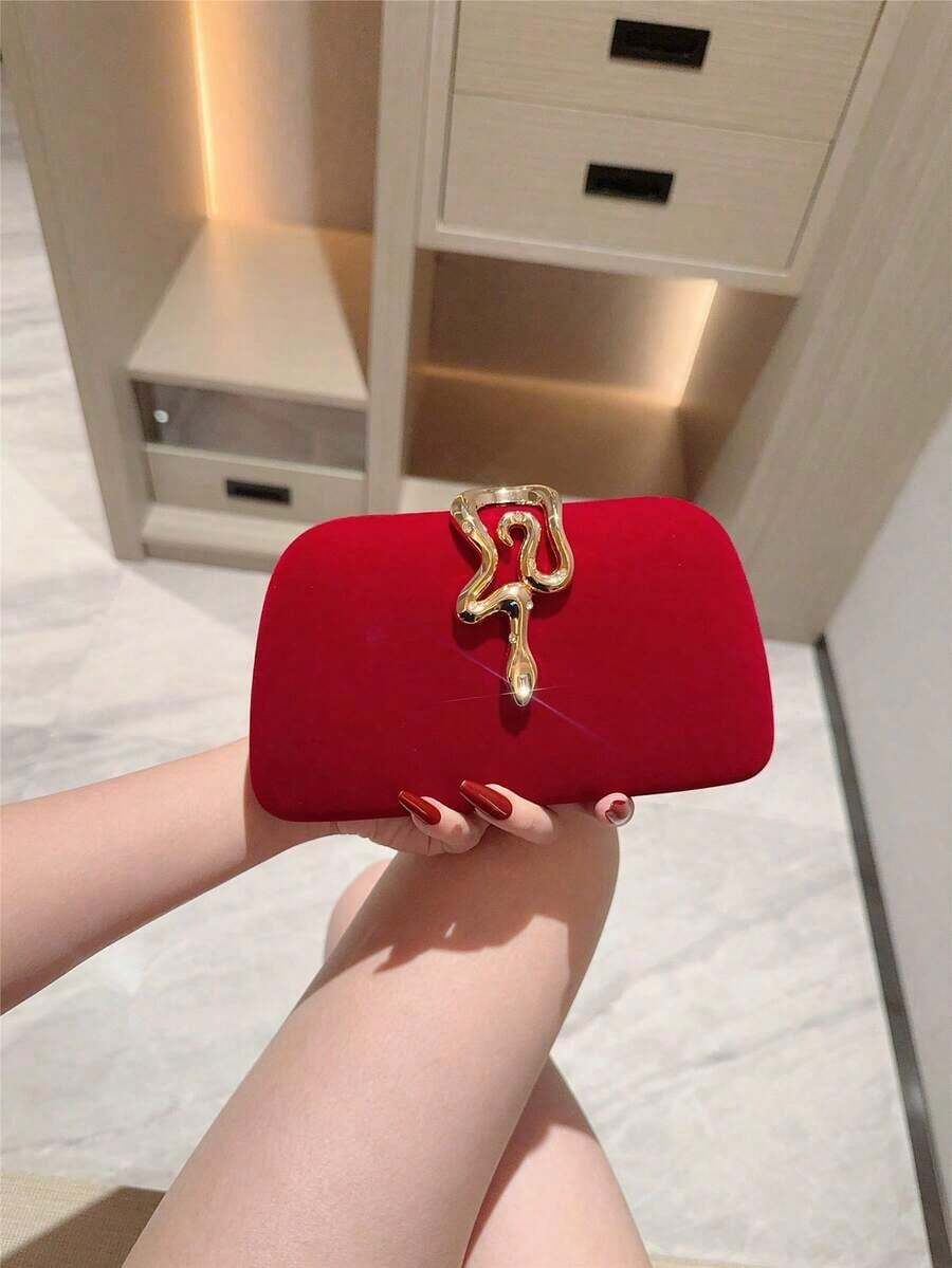 1pc Glamorous Metallic Snake Decor Clutch Bag, Luxury Shiny Vintage Gold Box Style Mini Purse, Fashionable, Charming, Elegant Women's Evening Handbag, Suitable For Wedding, Themed Formal Party, Prom, Birthday Celebration, Comes With Chain - 紅色 - 查看 1