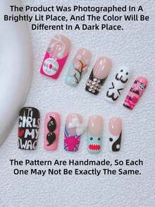 10pcs Y2K Nails Pipe-Shaped Press On Nails Set - Handcrafted, Pink Nails, Black Nails, Blue And White French Tip Nails, Handmade 3D Earphones And 3D Sunglasses, Hand Drawn Green Tea Flower And Shark Design, Hand Drawn Music Elements Nail Art, Sparkling White Bow And Rhinestone Decoration Nail Supplies Handmade Press On Nails - M - 查看 10