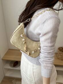 Túi đi biển mùa hè dành cho nữ, túi đeo vai dây xích hình vỏ sò và ngọc trai dễ thương, túi xách mini dệt thủ công tiện dụng cho kỳ nghỉ. - Màu Khaki - Xem 3