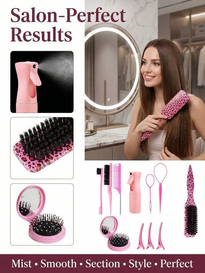 11pcs Pink Leopard Print Hair Styling Tool Set, Including Comb, Foldable Air Cushion Brush, Refillable Spray Bottle, Hair Clips And Ties, Minimalist Y2K Style Unisex For Daily Styling, Travel And Salon Use