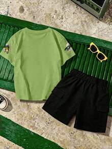 2 pièces/Set Tenue mode garçon à manches courtes, imprimé avec motif thème de pêche, col rond à manches courtes, ludique et convenant pour le port quotidien et les vêtements de sport - Multicolore - Voir 3
