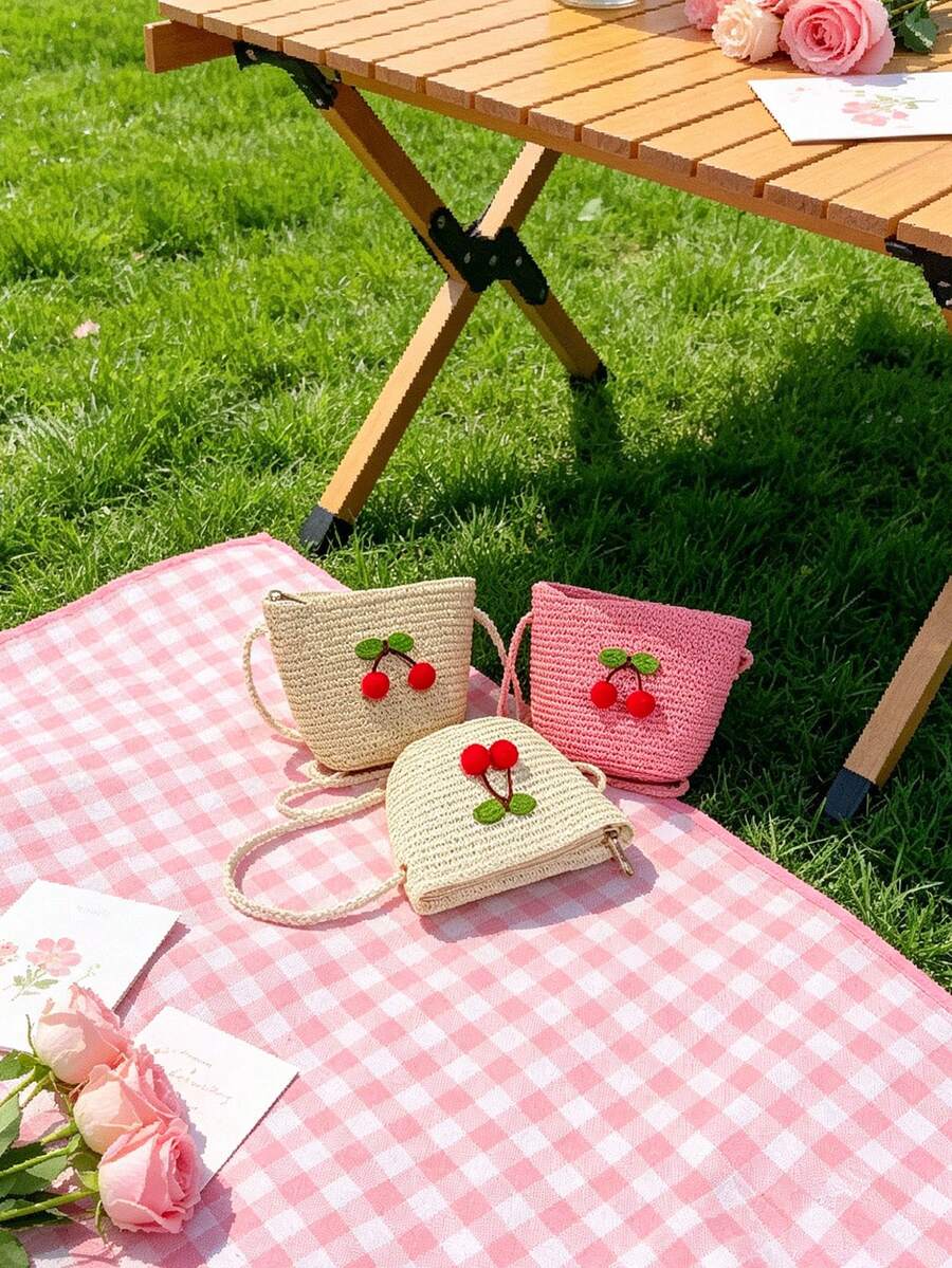 1 chiếc túi đan bằng rơm hình quả anh đào, túi đeo chéo dã ngoại, túi xô nhỏ bằng rơm, ví đựng tiền xu dùng hàng ngày. - A - Xem 1