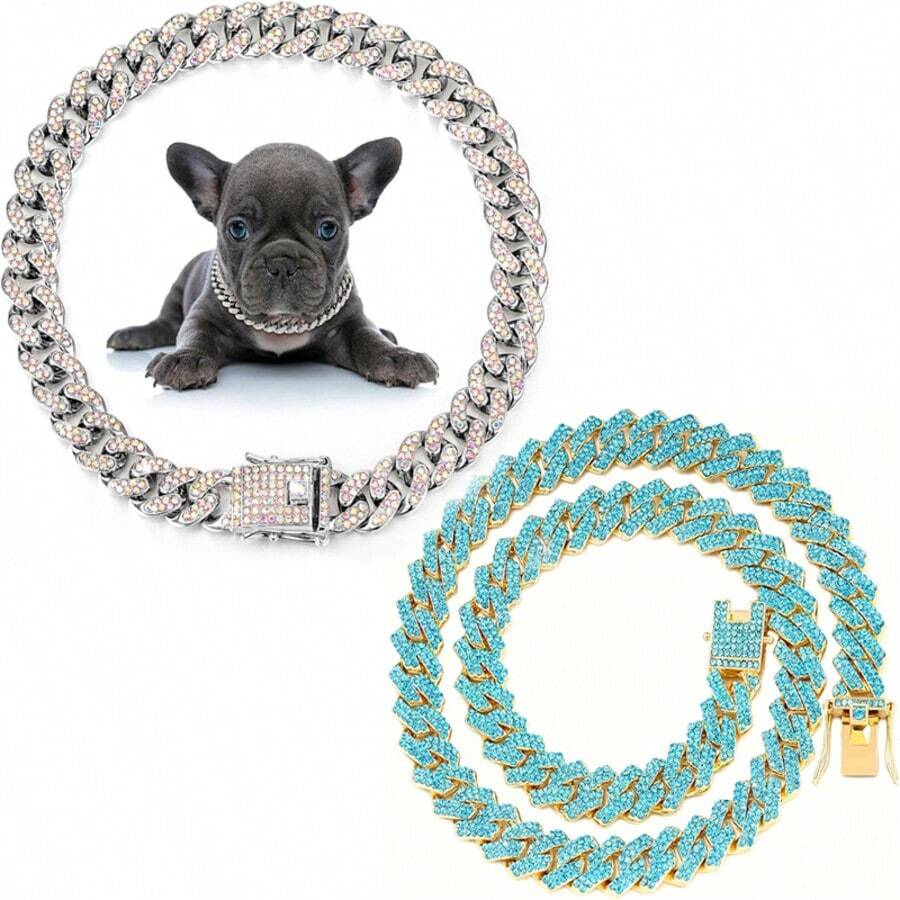 2pcs Classic Hip-Hop Pet Collar Made Of High-Quality Zinc Alloy Cuban Chain, Embedded With Fine Rhinestones For Exquisite Look, Adjustable And Comfortable Fit For Cats And Dogs, Fashionable - Multicolor - View 1