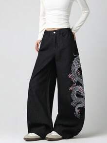1pc American Street Style Women's Embroidered Loose Wide Leg Jeans Fashion All Season Long Pants Casual Black Fall - Black - View 9