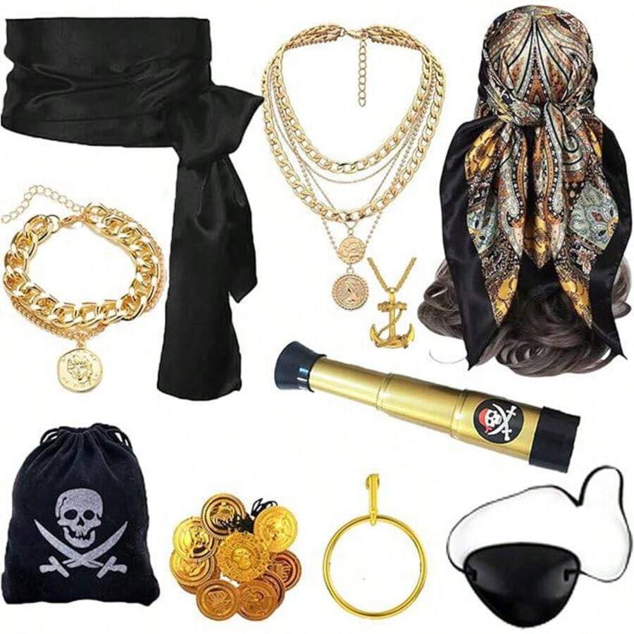 1/5/8/10件套女式海盗服装配饰套装，圣诞海盗装，女式圣诞海盗服装，男式海盗角色扮演圣诞派对服装及配饰，海盗头带、腰带、项链、眼罩、耳环，适合角色扮演、化装舞会、万圣节等场合。 - 彩色 - 查看 1