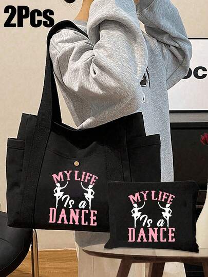 حقيبة يد نسائية كبيرة الحجم مطبوعة بنقشة رقص، حقيبة مكياج سوداء - عبارة "My Life Dance" بارزة، إغلاق بسحاب ومساحة داخلية واسعة - حقيبة كتف متينة من البوليستر مناسبة لتدريبات الرقص، حقيبة تخزين مطبوعة بنقشة حروف أنيقة وبسيطة، حقيبة تسوق بسيطة، مناسبة للعروض والعمل والسفر - أسود/قابلة للغسل اليدوي - حقيبة يد أنيقة للاستخدام اليومي