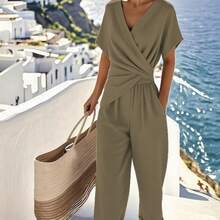A Set Of Fashionable Multi-Color Jumpsuit Women's V-Neck Twisted Nine Inch Wide Leg Commuting Vacation Jumpsuit - 深色粉末 - 查看 3