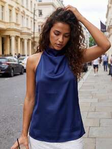 Women's Satin Halter Tank Tops Solid Color Sleeveless Draped High Neckline Vest For Party - Blue - View 5