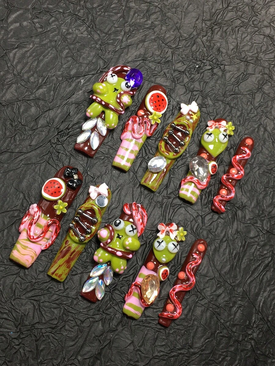 10片裝5.5cm手工棺材造型美甲貼片，西瓜、卡通、蛇紋與水鑽圖案，搭配美甲貼片，適合女性與女孩在情人節佩戴，手工壓感美甲指甲 - 彩色 - 查看 1