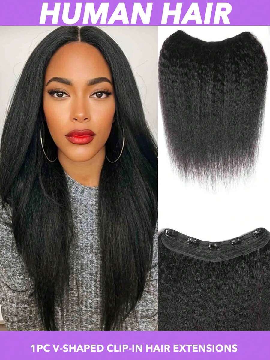 1pc Human Hair V-Shaped Clip-In Half Full Head Silky Kinky Straight Hair Extensions With 5 Clips - Adds Volume & Length, Easy Application, No Glue Needed,Comfortable & Secure Fit,Easy To Style With Hot Tools, Suitable For All Hair Types 8-24 Inch #1B - Natural Black - View 1