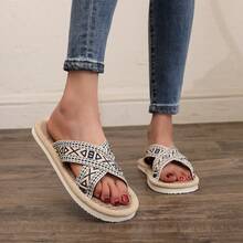 QEEDUOOF Spring/Summer Linen Criss-Cross Slippers, Triangular Geometric Design, Multiple Colors Available, Unisex Casual Wear - Black - View 5