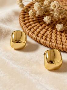 Minimalist Gold Plated Square Stud Earrings, European And American Style Chunky Metal Geometric Earrings For Women Daily Wear - Chocolate Gold - View 4