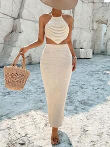 Summer Vacation Textured Knit Halter Top And Knitted Mini Skirt 2 Pieces Set, Commuting And Beach Outfit - Mint Green 2 - View 8