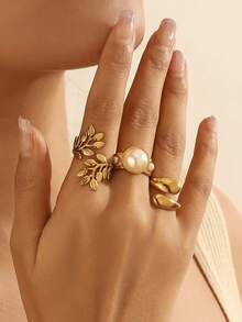 Bộ 3 chiếc nhẫn bằng thép không gỉ mạ vàng 18K tối giản, thiết kế hình lá và giọt nước, thích hợp cho nữ đeo hàng ngày. - Vàng - Xem 4