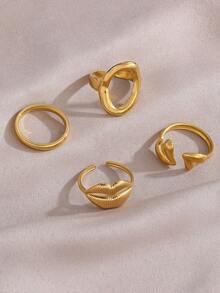 4pcs/Set 18K Gold Plated Stainless Steel Geometric Oval & Heart Shaped Ring Set, Suitable For Women's Daily And Party Wear - Gold - View 3