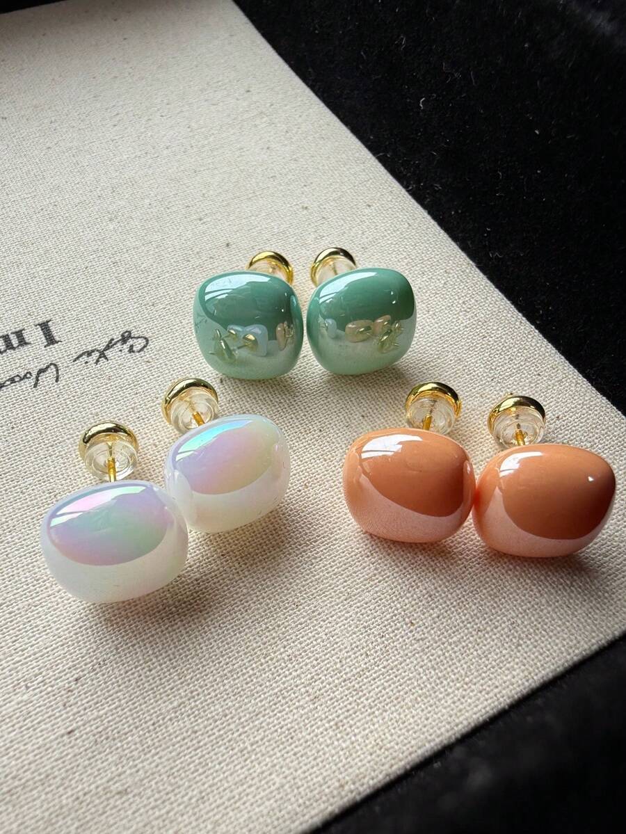 3对复古简约甜美精致优雅蓝、绿、橙方形仿珍珠耳环套装,轻盈奢华可爱优雅通勤高端耳环套装,适合女性日常及节日佩戴 - 彩色 - 查看 1