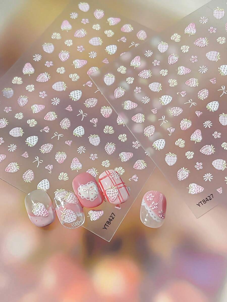 5D草莓主题美甲贴纸,3D花朵美甲贴花,春夏DIY美甲用品 - 彩色 - 查看 1