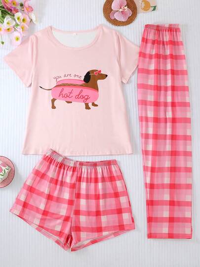 [Livanti Pajamas]3pcs Sets Lightweight Short Sleeve Pajamas For Women, Includes Short Shorts, Long Pants, And Crew Neck Tee Shirt. Comfortable, Loose Fit, Cute Dachshund Print, Suitable For All Seasons And Home Wear