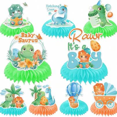 Bộ trang trí tiệc mừng em bé chủ đề khủng long 9 món, gồm các vật trang trí trung tâm hình tổ ong nhiều màu sắc với hình trứng khủng long, xe đẩy em bé, khinh khí cầu, và phụ kiện trang trí bàn "Rawr It's A Boy" cho tiệc tiết lộ giới tính, tiệc chào mừng em bé khủng long, tiệc sinh nhật khủng long cho trẻ em.