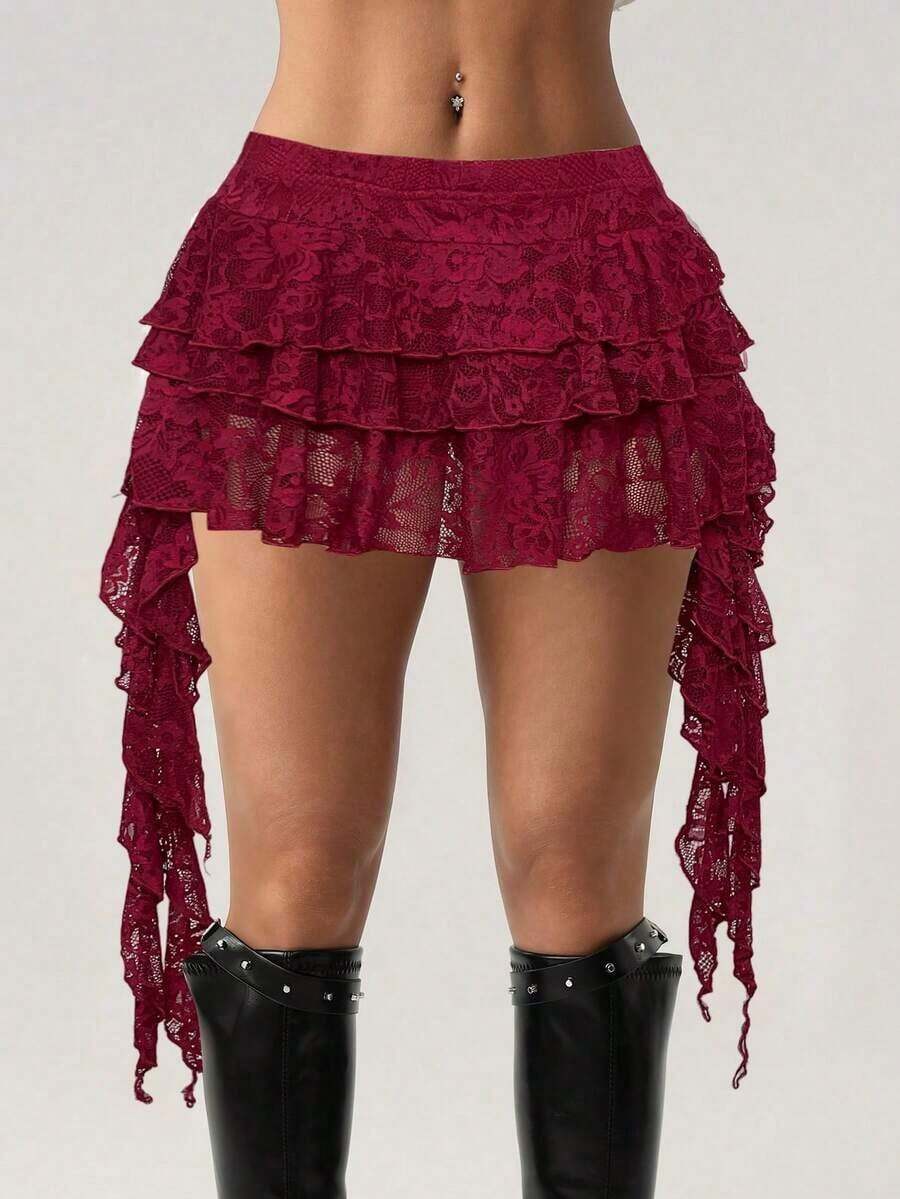 ICON Low Waist Casual Lace Wave-Trim Skirt With Safety Shorts To Prevent Exposure, For Vacation,Bohemian Clothes - 酒紅色 - 查看 1