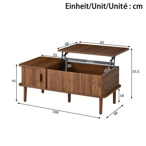 Modern Retro Coffee Table, Adjustable Tabletop Height, Sliding Door, Walnut Grain, Vertical Groove, Wooden Legs, Multifunctional Living Room Table - màu nâu - Xem 3