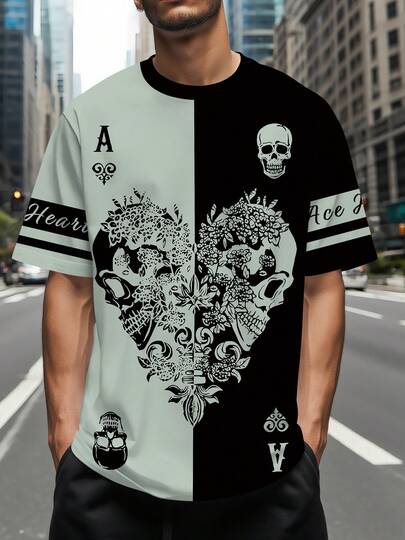 Plus Size Men Skull & Heart Playing Card Print T-Shirt, Casual Color Block Short Sleeve Street Wear For Summer