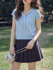 Women's Casual Loose Tie-Front Solid Color Short Sleeve Knit Top, Summer - Baby Blue - View 1