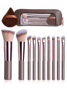 Bộ cọ trang điểm mini di động BS-MALL 10 món kèm bông trang điểm hình tam giác màu cà phê + bộ bông trang điểm màu cà phê, dụng cụ làm đẹp kích thước nhỏ gọn - Cà phê nâu - Xem 1