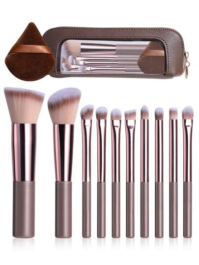  Bộ cọ trang điểm mini di động BS-MALL 10 món kèm bông trang điểm hình tam giác màu cà phê + bộ bông trang điểm màu cà phê, dụng cụ làm đẹp kích thước nhỏ gọn