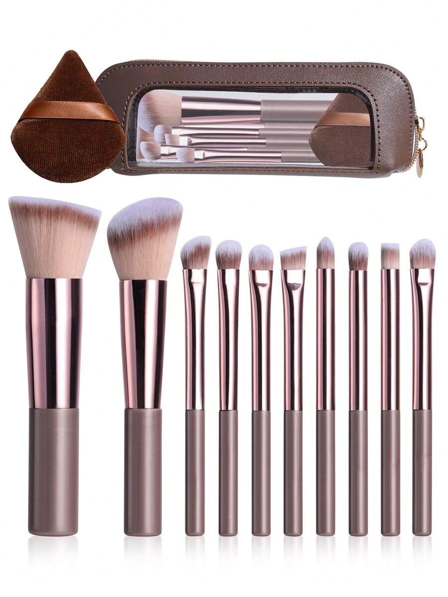 Bộ cọ trang điểm mini di động BS-MALL 10 món kèm bông trang điểm hình tam giác màu cà phê + bộ bông trang điểm màu cà phê, dụng cụ làm đẹp kích thước nhỏ gọn - Cà phê nâu - Xem 1