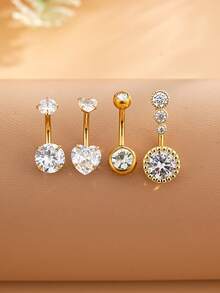 Bộ 4 khuyên rốn bằng thép không gỉ, kiểu bốn chấu, ren trong, đính đá Zirconia hình trái tim đôi, trang sức xỏ rốn gợi cảm, mạ vàng 18K, thích hợp cho các lễ hội. - Vàng - Xem 1