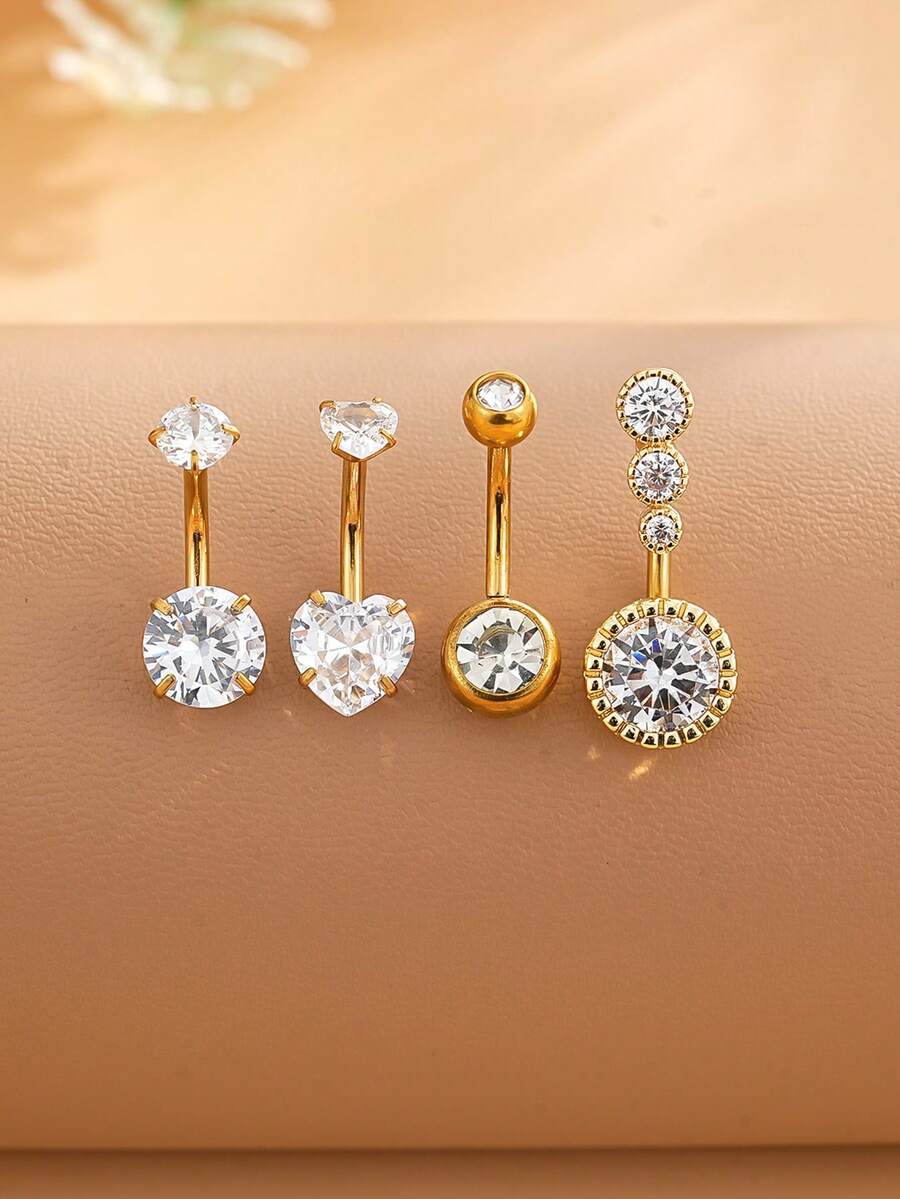 Bộ 4 khuyên rốn bằng thép không gỉ, kiểu bốn chấu, ren trong, đính đá Zirconia hình trái tim đôi, trang sức xỏ rốn gợi cảm, mạ vàng 18K, thích hợp cho các lễ hội. - Vàng - Xem 1