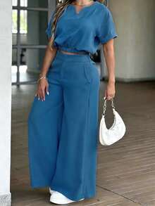 Conjunto de 2 piezas de top con escote entallado y pantalones de pierna ancha, casual y elegante para uso diario y vacaciones, primavera/verano - Naranja - Ver 8