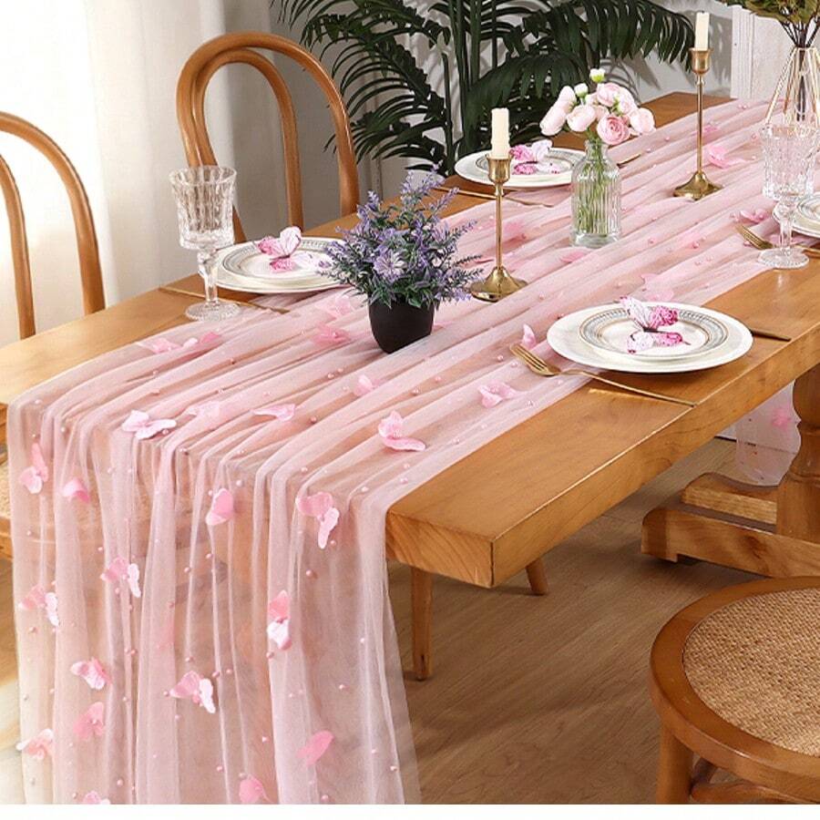 Pink Boho Style Pearl Table Runner, Suitable For Wedding Party, Baby Shower, Wedding Dessert Table Decor - Pink Butterfly - View 1