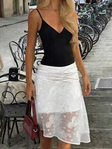 Keke Bloomly 春夏新款纯白网纱印花休闲时尚通勤约会派对海滩度假百搭女裙 - 白色 - 查看 2