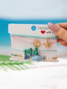 4件套夏季度假波西米亚风绳编手链套装，海洋主题海星吊坠手链，沙滩饰品 - 彩色 - 查看 4