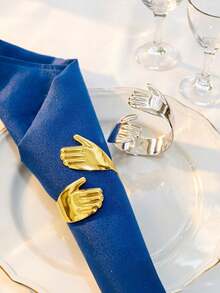 6/10/12pcs Reusable Gold-Plated Alloy Two Hands Embracing Each Other Napkin Rings: Smooth Edge, Easy To Clean, Suitable For Wedding Party Celebration And Holiday Dinner - Multicolor - View 3