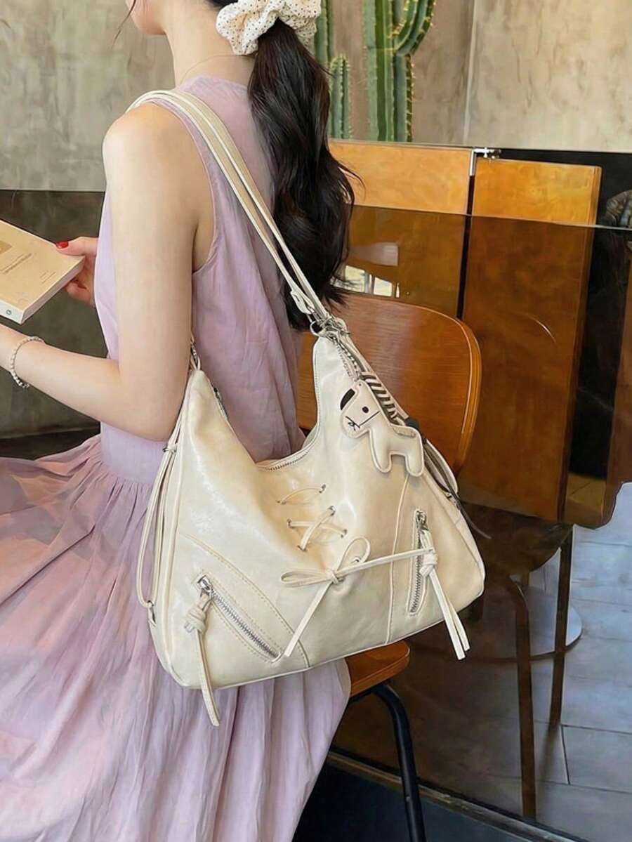 女士多功能手提包，新款马匹挂饰设计，时尚百搭优雅大容量通勤背包/单肩包