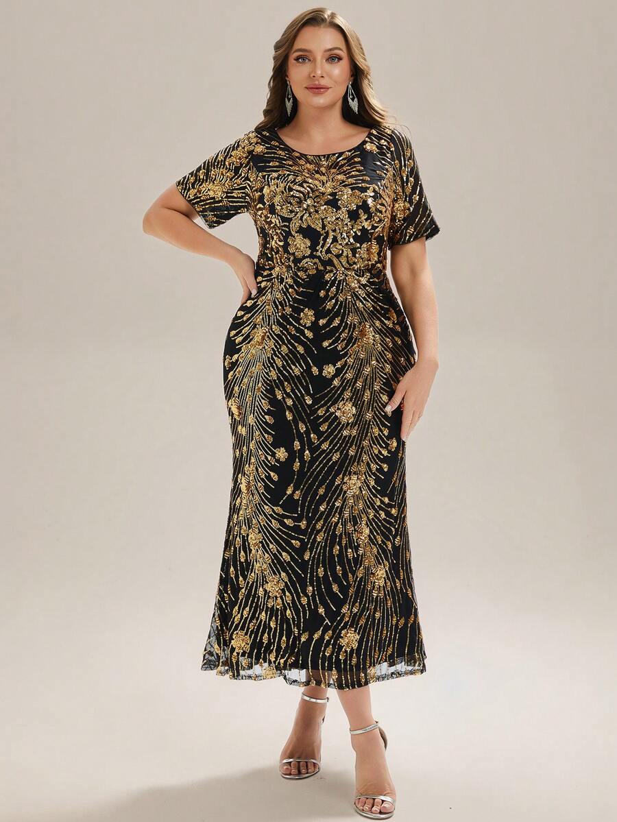 EVERPRETTY 大尺碼奢華亮片刺繡短袖正式晚禮服，黑金配色度假婚禮派對款