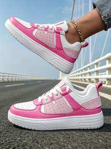 Women's Pink And White Platform Sneakers - Raw Hem Denim Style With Gold Ankle Chain For Campus Comfort, Year-Round Shoes For Women​ - Màu Hồng Tươi - Xem 3