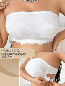 1pc Plus Size Women Casual & Comfortable Minimalist Lace Patchwork Wireless Bra, Knit Fabric - White - View 6