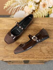 复古方头玛丽珍鞋，系带平底鞋，适合搭配正装 - 咖色絨 - 查看 2