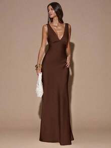 Vestido de tirantes con escote en V profundo y espalda descubierta, de unicolor amarillo/crema, estilo minimalista y sexy, adecuado para fiestas, eventos de cóctel, ocasiones formales, vestidos de dama de honor, vestidos de cumpleaños, vestido de satén amarillo, Navidad, banquetes, casual de negocios - Café integral - Ver 5
