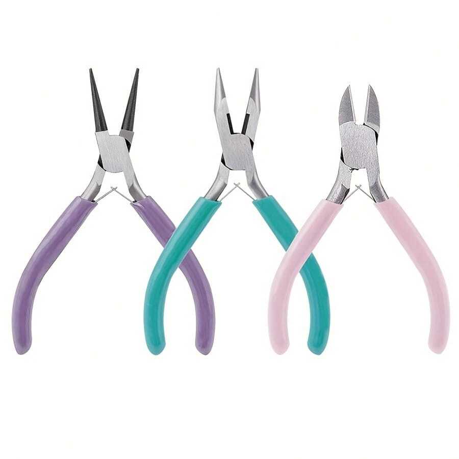 Set de 3 piezas de alicates de joyería, que incluye alicates de punta fina, alicates de punta redonda, cortaalambres y alicates de punta de cadena, diseñados para la fabricación de joyas, reparación, envolver alambre, cuentas y manualidades - Alicates para joyería - Ver 1