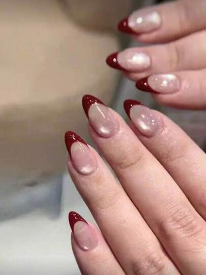 24pcs Long Almond Red French Cat Eye Nail Patches, French Patch Design, Almond Fit, Perfect Fit, Acrylic False Nail Set, Includes: 1 Jelly Gel And 1 Nail File, Cat Eye Nail Art And French Almond Patch Nail Art, Suitable For Women's Daily Work, Holiday Parties And Other Occasions.