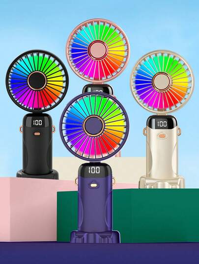 Colorful Light Handheld Mini Fan, USB Rechargeable Portable 90° Foldable Hand/Necklace/Desktop Fan With Base, Digital Display, Quiet For Office, Dorm, Outdoor, Beach, Party, Gift